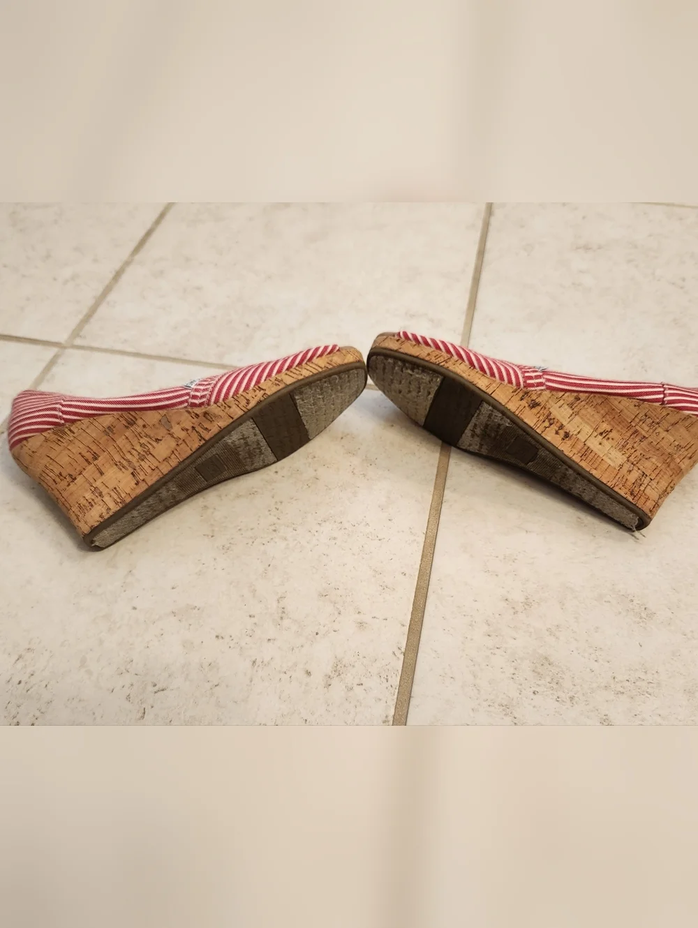 TOMS Red Stripe Canvas Peep Toe Cork Wedge Heels Sandals Women's Size 9